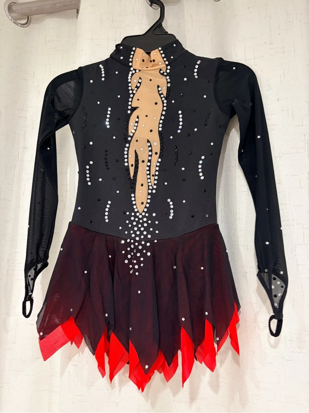 Black and Red Figure Skating Dress with Nude Appliqué and Rhinestones